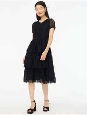 J. Crew Factory Pleated Flock-Dot Puff-Sleeve Black Dress • size 6 • NWT • CE623